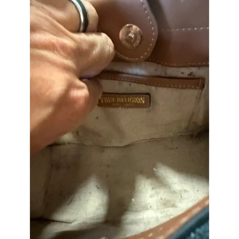 True Religion Denim Mini Tote Bag Crossbody Blue Dark Wash Logo Striped Strap